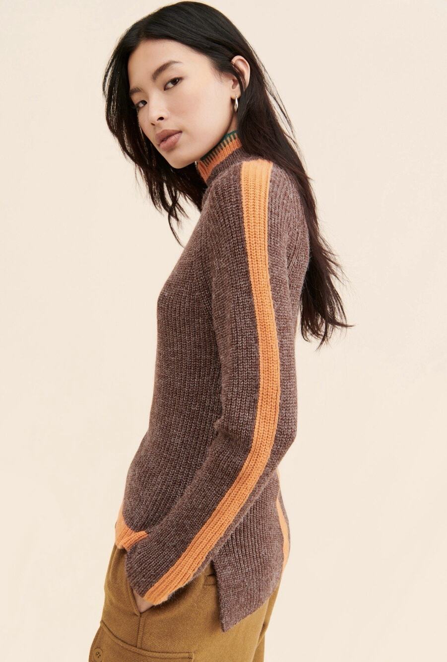 Anthropologie Theo & Spence Three Tone Mock Neck Sweater in Brown Size M